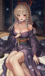 Rule 34 | 1girl, absurdres, blue archive, breasts, cleavage, haruna (blue archive), highres, indoors, japanese clothes, kimono, kokukyukeo, large breasts, light brown hair, long hair, looking at viewer, medium hair, open mouth, red eyes, smile, solo, wide sleeves