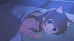 Rule 34 | 1girl, absurdres, animal ears, bed, blanket, blue eyes, blush, brown hair, cat ears, cat girl, collared shirt, hair down, highres, indie virtual youtuber, itigori ena, light particles, long sleeves, looking at viewer, lying, mole, mole under eye, moonlight, on bed, on stomach, open mouth, pajamas, pillow, pov across bed, shirt, solo, tyakomis, under covers, virtual youtuber