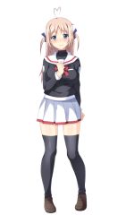 Rule 34 | 1girl, aa-rance, ahoge, arm behind back, blonde hair, blue ribbon, blush, breasts, brown footwear, closed mouth, commentary, full body, hair ribbon, hand up, heart, heart ahoge, large breasts, loafers, long hair, looking at viewer, original, pleated skirt, ribbon, school uniform, serafuku, shoes, sidelocks, skirt, smile, solo, standing, straight-on, tachi-e, thighhighs, transparent background, two side up, white skirt, zettai ryouiki