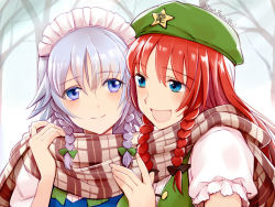 Rule 34 | 2girls, :d, bare tree, blue eyes, blue vest, blurry, blush, braid, commentary request, day, depth of field, flat cap, hair between eyes, hat, heads together, holding, holding clothes, holding scarf, hong meiling, izayoi sakuya, long hair, looking at another, looking at viewer, maid headdress, multiple girls, open mouth, outdoors, plaid, plaid scarf, primary stage, puffy short sleeves, puffy sleeves, red hair, scarf, shared clothes, shared scarf, shirt, short hair, short sleeves, silver hair, smile, star (symbol), touhou, tree, twin braids, twitter username, vest, white shirt, yuri