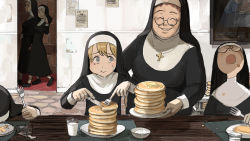 Rule 34 | 6+girls, ^ ^, absurdres, blonde hair, character request, closed eyes, clumsy nun (diva), cross, cross necklace, cup, diva (hyxpk), doorway, dress, eating, fainted, fainting, food, fork, freckles nun (diva), glasses nun (diva), habit, highres, jewelry, little nuns (diva), long hair, mature female, milk, mole, mole under eye, multiple girls, necklace, nun, old, old woman, open mouth, pancake, pancake nun (diva), pancake stack, plate, poster (object), revision, smile, stone floor, stone wall, strict nun (diva), sweat, too many, too much food, traditional nun, veil, wall