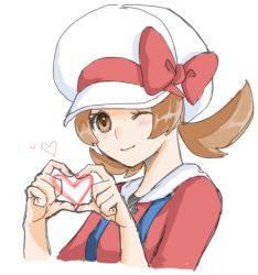 Rule 34 | 1girl, asuka rkgk, blush, bow, brown eyes, brown hair, closed mouth, commentary, creatures (company), game freak, hat, hat bow, heart, heart hands, looking at viewer, low twintails, lyra (pokemon), medium hair, nintendo, one eye closed, pokemon, pokemon hgss, red bow, red shirt, shirt, sidelocks, simple background, sketch, smile, solo, suspenders, twintails, upper body, white background, white hat