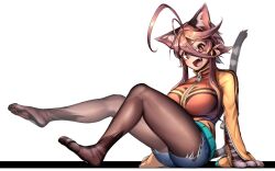 Rule 34 | 1girl, ahoge, animal, animal ears, animal hands, black pantyhose, breasts, brown hair, cat ears, cat girl, cat tail, commentary request, cutoffs, denim, denim shorts, fang, full body, grey fur, hair between eyes, large breasts, long hair, looking at viewer, open mouth, original, pantyhose, red eyes, short shorts, shorts, simple background, sitting, smile, solo, tail, tongue, white background, yagatake arashi, yana (nekoarashi)