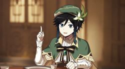 Rule 34 | 1boy, black hair, blue eyes, blurry, blurry background, braid, cape, cup, flower, genshin impact, gradient hair, green cape, green hat, hat, hat flower, highres, index finger raised, lix (iroiro3843), long sleeves, male focus, multicolored hair, parted lips, plate, side braids, sitting, solo, table, upper body, venti (genshin impact), white flower