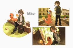 Rule 34 | 1boy, bag, bird, black pants, boots, brown hair, building, charmander, commentary request, creatures (company), day, falling leaves, fire, flame-tipped tail, fletchling, game freak, gen 1 pokemon, gen 6 pokemon, grass, green footwear, green jacket, highres, holding, jacket, leaf, male focus, multiple views, newo (shinra-p), nintendo, outdoors, pants, pokemon, pokemon (creature), shirt, short hair, sitting, translation request, tree, window