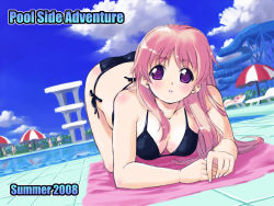 Rule 34 | 1girl, all fours, bikini, breasts, chair, cleavage, cloud, day, dutch angle, english text, head tilt, large breasts, long hair, looking at viewer, lounge chair, original, outdoors, parasol, parted lips, pink hair, pool, poolside, purple eyes, side-tie bikini bottom, sky, solo focus, swimsuit, tessai, towel, umbrella, water slide
