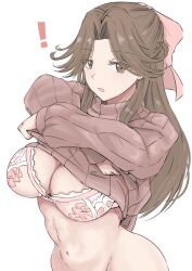 Rule 34 | !, 1girl, absurdres, bare hips, blush, bow, bra, breasts, brown eyes, brown hair, brown sweater, cleavage, clothes lift, cowboy shot, earrings, groin, hair bow, hair ribbon, highres, jewelry, jintsuu (kancolle), kantai collection, ken (shutenndouji1), lace, lace-trimmed bra, lace trim, large breasts, lifted by self, long hair, long sleeves, looking at another, looking at viewer, navel, open mouth, pink bra, ribbed sweater, ribbon, shirt lift, simple background, solo, sweater, sweater lift, turtleneck, turtleneck sweater, underwear, undressing, upper body, white background