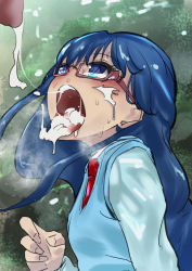 Rule 34 | 10s, 1girl, aftersex, blue eyes, blue hair, blush, commentary, cum, cum in mouth, cum on tongue, facial, glasses, green background, hugtto! precure, long hair, long sleeves, looking up, necktie, open mouth, penis, precure, red-framed eyewear, red neckwear, school uniform, semi-rimless eyewear, solo focus, sweater vest, teeth, tongue, tongue out, uncensored, under-rim eyewear, upper body, upper teeth only, valtor, yakushiji saaya