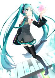 Rule 34 | 1girl, arm up, black footwear, black skirt, black thighhighs, blush, boots, collared shirt, commentary request, detached sleeves, fingernails, green eyes, green hair, green nails, grey shirt, hair ornament, hatsune miku, headphones, headset, highres, kokone (coconeeeco), long hair, long sleeves, looking away, looking to the side, musical note, nail polish, parted lips, pleated skirt, quarter note, shirt, skirt, sleeveless, sleeveless shirt, sleeves past wrists, solo, standing, standing on one leg, thigh boots, thighhighs, twintails, very long hair, vocaloid, wide sleeves