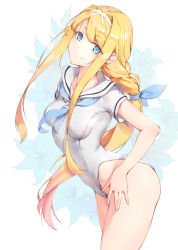 Rule 34 | 1girl, absurdres, alice zuberg, arched back, blonde hair, blue eyes, blue neckerchief, braid, breasts, casual one-piece swimsuit, cowboy shot, fei mao, hairband, highres, long hair, looking at viewer, medium breasts, neckerchief, one-piece swimsuit, sailor collar, single braid, smile, solo, standing, swimsuit, sword art online, very long hair, white hairband, white one-piece swimsuit, white sailor collar