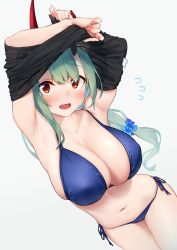 Rule 34 | 1girl, absurdres, akari (baffu), baffu, bikini, black shirt, blouse, blue bikini, blush, breasts, brown eyes, cleavage, commentary request, fang, fingernails, flower, flying sweatdrops, green hair, hair flower, hair ornament, highres, horns, large breasts, long hair, looking at viewer, navel, oni, oni horns, open mouth, original, red horns, sharp fingernails, shirt, side-tie bikini bottom, simple background, skin fang, skindentation, solo, swimsuit, thighs, undressing, white background
