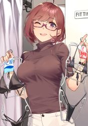 Rule 34 | 1girl, 92m, ;d, absurdres, ahoge, bikini, black bikini, bralines, breasts, brown sweater, buttons, clothes hanger, commentary request, fitting room, glasses, highres, holding, indoors, kinshi no ane (92m), large breasts, looking at viewer, medium breasts, micro bikini, one eye closed, open mouth, original, pants, red-framed eyewear, red eyes, red hair, semi-rimless eyewear, shirt, smile, solo, sweater, swimsuit, taut clothes, taut shirt, teeth, turtleneck, turtleneck sweater, under-rim eyewear, underwear, upper teeth only, white pants