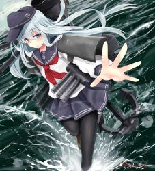 Rule 34 | 10s, 1girl, anchor, anchor symbol, bad id, bad pixiv id, black pantyhose, blue eyes, closed mouth, commentary request, eyebrows, flat cap, hat, hibiki (kancolle), kanna (horntp), kantai collection, long hair, long sleeves, looking at viewer, neckerchief, outstretched arm, pantyhose, pleated skirt, school uniform, serafuku, silver hair, skirt, solo