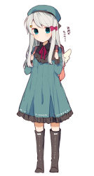 Rule 34 | 1girl, backpack, bad id, bad tumblr id, bag, blush, boots, bow, closed mouth, collared dress, commentary request, dress, full body, green dress, green eyes, green hat, grey footwear, hair bow, hair ornament, hairclip, hat, highres, ikeuchi tanuma, light blush, long sleeves, looking at viewer, neck ribbon, original, pink bow, red ribbon, ribbon, simple background, solo, standing, white background, wing collar