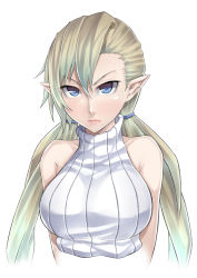 Rule 34 | 1girl, bad id, bad pixiv id, bare shoulders, blonde hair, blue eyes, collarbone, elf, highres, lips, long hair, looking at viewer, original, pointy ears, ray-akila, ribbed sweater, simple background, sleeveless, sleeveless turtleneck, solo, sweater, turtleneck, twintails, upper body, white background