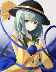 Rule 34 | 1girl, 7saki, bad id, bad twitter id, black hat, blouse, blue flower, blurry, blurry background, blush, breasts, closed mouth, eyeball, floral background, flower, green eyes, green hair, hair between eyes, hand in own hair, hand up, hat, hat ribbon, highres, index finger raised, komeiji koishi, long hair, looking at viewer, one-hour drawing challenge, ribbon, shirt, small breasts, smile, solo, third eye, touhou, upper body, wide sleeves, yellow ribbon, yellow shirt