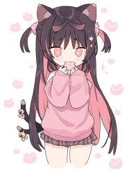 Rule 34 | + +, 1girl, animal ear fluff, animal ears, bell, black hair, blade (galaxist), brown skirt, cat ears, cat girl, cat tail, commentary request, cropped legs, hair ornament, hair scrunchie, highres, jingle bell, long sleeves, miniskirt, multicolored hair, multiple tails, nekoyama nae, off shoulder, pink scrunchie, pink sweater, plaid, plaid skirt, pleated skirt, puffy long sleeves, puffy sleeves, red eyes, red hair, scrunchie, shirt, short eyebrows, simple background, skirt, sleeves past wrists, solo, sparkle, sweater, tail, tail bell, tail ornament, thick eyebrows, toranoana, two-tone hair, two side up, two tails, virtual youtuber, white background, white shirt