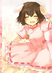 Rule 34 | 1girl, animal ears, black hair, blush, brown hair, carrot necklace, dress, closed eyes, hair between eyes, inaba tewi, kataro, necklace, open mouth, pink dress, rabbit ears, ribbon-trimmed dress, round teeth, short hair, smile, solo, star (symbol), teeth, touhou, upper teeth only