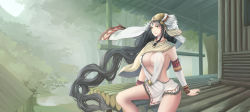 Rule 34 | 1girl, bangle, black hair, blurry, blurry background, bracelet, braid, breasts, cleavage, detached sleeves, earrings, facial mark, forest, headdress, highres, jewelry, kikivi, large breasts, long hair, nature, no bra, original, outdoors, sitting, smile, solo