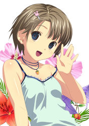Rule 34 | 1girl, bare shoulders, blue eyes, brown hair, camisole, collarbone, hair ornament, hairclip, jewelry, koutaro, lowres, necklace, original, pendant, short hair, simple background, sleeveless, solo, spaghetti strap, strap slip, waving, white background