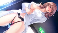 Rule 34 | 1girl, blush, breasts, brown eyes, brown hair, cellphone, censored, covered erect nipples, embarrassed, erocas! ~jikkyou! inran hoken&#039;i~, exhibitionism, eyebrows hidden by hair, feet out of frame, female focus, game cg, groin, highres, holding, holding phone, lab coat, large breasts, legs, long hair, mole, mole under eye, mosaic censoring, navel, no bra, object insertion, open mouth, original, phone, public indecency, pussy, recording, saitou machiko (erocas), sex toy, solo, standing, thighs, vaginal, vaginal object insertion, vibrator, yoshino keiko