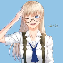 Rule 34 | 1girl, backpack, bag, blonde hair, blue background, blue eyes, blue necktie, blush, character name, collarbone, girls&#039; frontline, long hair, looking at viewer, necktie, one eye closed, open mouth, salute, shirt, solo, ten cws, white shirt, z-62 (girls&#039; frontline)