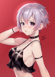 Rule 34 | 1girl, :o, arm strap, arm up, armpits, artist name, bare arms, bare shoulders, black choker, black shirt, blush, breasts, camisole, choker, cleavage, collarbone, commentary request, crop top, cross, from side, looking at viewer, looking to the side, medium breasts, midori foo, midriff, mole, mole on breast, open mouth, original, purple eyes, red background, shirt, short hair, silver hair, simple background, skindentation, sleeveless, sleeveless shirt, solo, spaghetti strap, studded choker, v-shaped eyebrows, wristband