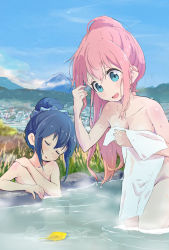 Rule 34 | 2girls, blue eyes, blue hair, breasts, cleavage, cloud, covering privates, day, closed eyes, flat chest, grass, hair between eyes, hair bun, hand on shoulder, highres, holding, holding hair, holding towel, kagamihara nadeshiko, leaf, long hair, mountain, multiple girls, murairamuraiari, nude, nude cover, onsen, open mouth, outdoors, partially submerged, pink hair, ponytail, scenery, shima rin, single hair bun, sitting, sky, small breasts, standing, steam, towel, wading, water, wet, yurucamp