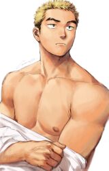 Rule 34 | 1boy, abs, bare pectorals, blonde hair, gentle2nd, highres, looking to the side, male focus, multicolored hair, nipples, original, pectorals, sanpaku, short hair, solo, standing, thick eyebrows, toned, toned male, two-tone hair, undressing, upper body