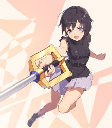 Rule 34 | 1girl, absurdres, belt, belt buckle, black belt, black footwear, black hair, blue eyes, boots, breasts, buckle, buttons, fingernails, gogo (detteiu de), grey skirt, highres, holding, holding weapon, keyblade, kingdom hearts, kingdom hearts iii, leg up, looking at viewer, miniskirt, open mouth, pleated skirt, short hair, skirt, sleeveless, small breasts, solo, spoilers, thighs, v-shaped eyebrows, weapon, xion (kingdom hearts)