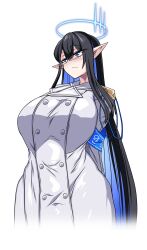 1girl absurdres armband black_hair blue_archive blue_armband blue_eyes blue_hair blue_halo breasts coat colored_inner_hair glasses halo highres huge_breasts lazy_ant long_hair multicolored_hair pointy_ears rin_(blue_archive) solo very_long_hair white_coat