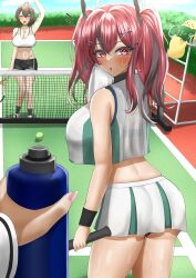 Rule 34 | 2girls, :o, absurdres, ahoge, arm tattoo, arm up, ass, azur lane, ball, baltimore (azur lane), baltimore (black ace) (azur lane), bare shoulders, black bra, black panties, black shorts, black socks, blue sky, blush, bottle, bra, braid, breasts, bremerton (azur lane), bremerton (scorching-hot training) (azur lane), brown hair, chest tattoo, choker, cleavage, cloud, collarbone, colored skin, commander (azur lane), commentary request, cowboy shot, crop top, crop top overhang, day, drying, drying body, flower tattoo, french braid, full body, green skin, grey hair, hair between eyes, hair intakes, hair ornament, highres, holding, holding bottle, holding racket, holding towel, jacket, large breasts, long hair, long sleeves, looking at viewer, manjuu (azur lane), midriff, mole, mole under eye, multicolored hair, multiple girls, navel, notice lines, official alternate costume, open mouth, osasa (osasabeaf), outdoors, panties, pantyshot, pink eyes, pink hair, pov, pov hands, racket, scoreboard, see-through, see-through shirt, shadow, shirt, shoes, short hair, short shorts, shorts, sidelocks, skirt, sky, sleeveless, sleeveless shirt, sneakers, socks, sports bra, sportswear, standing, stomach tattoo, streaked hair, sweat, tattoo, tennis, tennis ball, tennis court, tennis net, tennis racket, tennis uniform, towel, twintails, two-tone hair, two-tone shirt, two-tone skirt, underwear, water bottle, white footwear, white jacket, white shirt, white skirt, white sports bra, x hair ornament, yellow eyes
