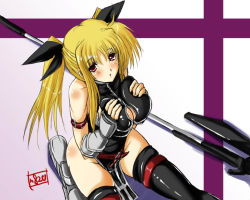 Rule 34 | 00s, 1girl, bardiche (assault form) (nanoha), bardiche (nanoha), blonde hair, breasts, breasts squeezed together, fate testarossa, fate testarossa (true sonic form), large breasts, lyrical nanoha, mahou shoujo lyrical nanoha, mahou shoujo lyrical nanoha strikers, n820, solo, thighhighs