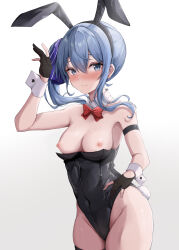 Rule 34 | 1girl, absurdres, alternate costume, animal ears, arm strap, black gloves, black hairband, black leotard, blue eyes, blue hair, bow, bowtie, breasts, breasts out, covered navel, detached collar, fake animal ears, gloves, hairband, highres, hololive, hoshimachi suisei, leotard, leotard pull, long hair, nipples, partially fingerless gloves, playboy bunny, rabbit ears, rabbit tail, red bow, red bowtie, side ponytail, small breasts, solo, star (symbol), star in eye, symbol in eye, tail, takuty, virtual youtuber, wrist cuffs
