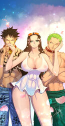 Rule 34 | 1girl, 2boys, bell, black hair, blue eyes, breasts, chest tattoo, closed mouth, collar, crossed arms, elizagm, eyewear on head, green hair, jingle bell, kiss, kissing hand, large breasts, long hair, looking at viewer, multiple boys, muscular, muscular male, nico robin, one eye closed, one piece, roronoa zoro, scar, scar across eye, scar on chest, scar on face, short hair, spiked collar, spikes, sunglasses, tattoo, teeth, trafalgar law