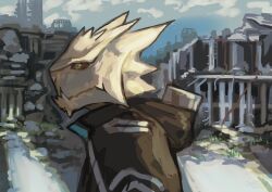 Rule 34 | 12f (arknights), 1boy, arknights, buchi0122, closed mouth, commentary, furry, furry male, highres, hood, hood down, hooded jacket, jacket, looking to the side, male focus, profile, reptile boy, ruins, upper body, yellow eyes