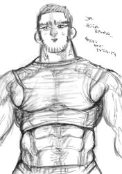 Rule 34 | 1boy, abs, absurdres, anger vein, bara, beard stubble, buzz cut, cowboy shot, cropped shirt, facial hair, golden kamuy, graphite (medium), greyscale, highres, kasuke (li tgknk), male focus, mature male, midriff, monochrome, muscular, muscular male, navel, pectorals, short hair, sidepec, sketch, solo, sparse navel hair, stubble, sweatdrop, tanigaki genjirou, thick eyebrows, thick neck, traditional media, translation request, undersized clothes, very short hair