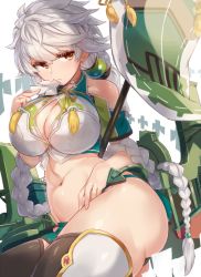 Rule 34 | 10s, 1girl, ass, asymmetrical hair, bad id, bad pixiv id, bare shoulders, braid, breasts, brown thighhighs, cleavage cutout, clothing cutout, cloud print, collarbone, crop top, flight deck, hair ornament, jitome, kantai collection, large breasts, long hair, looking at viewer, machinery, midriff, navel, onmyouji, pokoten (pokoten718), shikigami, short sleeves, silver hair, single braid, sitting, solo, staff, thighhighs, thighs, unryuu (kancolle), very long hair, white background, yellow eyes