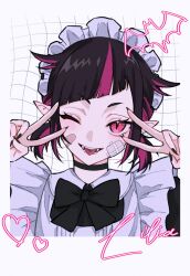 Rule 34 | 1boy, alternate costume, bandaid, bandaid on face, black choker, black hair, black nails, blush, character name, choker, diagonal bangs, double v, enmaided, eyelashes, fangs, fingernails, frills, highres, light smile, lilia vanrouge, maid, maid headdress, multicolored hair, pink eyes, pink hair, sharp fingernails, simple background, slit pupils, tongue, tongue out, twisted wonderland, udonh, v, white background