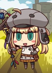 Rule 34 | 1girl, ahoge, april fools, artoria caster (fate), artoria caster (first ascension) (fate), artoria pendragon (fate), belt, blonde hair, blush stickers, brown gloves, chibi, cloud, fate/grand order, fate (series), gloves, green eyes, hat, highres, holding, holding staff, official art, open mouth, riyo (lyomsnpmp), smile, solo, staff