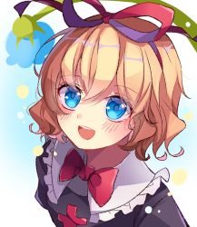 Rule 34 | 1girl, blonde hair, blue eyes, blush, bow, frilled shirt collar, frills, hair ribbon, highres, looking at viewer, medicine melancholy, meimei (meimei89008309), open mouth, puffy short sleeves, puffy sleeves, red neckwear, ribbon, short hair, short sleeves, simple background, smile, solo, touhou