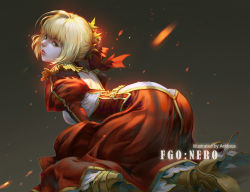 Rule 34 | 1girl, ahoge, antilous, ass, back cutout, blonde hair, boots, clothing cutout, dress, epaulettes, fate/grand order, fate (series), green eyes, hair intakes, hair ornament, high heel boots, high heels, kneeling, looking to the side, nero claudius (fate), nero claudius (fate), nero claudius (fate/extra), parted lips, red dress, shoe soles, sitting