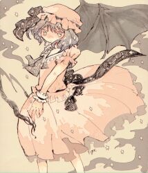 Rule 34 | 1girl, ascot, back bow, bat wings, black sash, black wings, blouse, blush, bow, closed mouth, feet out of frame, figue, film grain, frilled shirt collar, frilled sleeves, frills, hat, highres, looking at viewer, medium skirt, mob cap, muted color, no nose, outstretched arm, pink hat, pink shirt, pink skirt, puffy short sleeves, puffy sleeves, remilia scarlet, sash, sepia background, shirt, short hair, short sleeves, signature, skirt, skirt set, solo, standing, touhou, wind, wing collar, wings, wrist cuffs