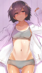 Rule 34 | 1girl, arm up, black hair, blush, bra, breasts, brown eyes, closed mouth, collarbone, collared shirt, copyright request, cowboy shot, expressionless, from above, frown, gluteal fold, grey bra, grey panties, hair between eyes, hip bones, isshiki (ffmania7), long sleeves, looking at viewer, looking up, lying, midriff, navel, no pants, on back, one-piece tan, open clothes, open shirt, panties, shirt, short hair, sketch, sleeves past wrists, small breasts, solo, sports bra, stomach, tan, tanline, underwear, white shirt, wing collar