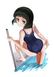 Rule 34 | 1girl, absurdres, adjusting clothes, adjusting swimsuit, artist name, ass, black eyes, black hair, blue one-piece swimsuit, blunt bangs, blunt ends, bob cut, climbing, closed mouth, commentary request, from behind, girls und panzer, highres, korean commentary, looking at viewer, looking back, nishihara yasoko, one-piece swimsuit, pool, pool ladder, school swimsuit, short hair, signature, solo, swimsuit, wet, white background, ydg (eorbsaos1004)