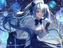 Rule 34 | 1girl, 364 holidays, bad id, bad pixiv id, bare tree, beret, black gloves, blue bow, blue bowtie, blue eyes, blue hair, bow, bowtie, braid, capelet, christmas lights, christmas ornaments, commentary, dress, floating hair, fur-trimmed capelet, fur trim, gloves, hair bow, hair ornament, hairclip, hat, hatsune miku, light blue hair, long hair, looking at viewer, night, open mouth, outdoors, skirt hold, smile, snowflakes, snowing, solo, tree, twintails, twitter username, upper body, very long hair, vocaloid, white capelet, white dress, white hat, winter, yuki miku, yuki miku (2020), yuki miku (2021)