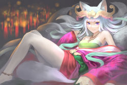 Rule 34 | 1girl, animal ears, anklet, bare shoulders, barefoot, floral print, fox ears, fox tail, headpiece, holding, japanese clothes, jewelry, kimono, long hair, long sleeves, mitsuki (p&amp;d), multiple tails, necklace, purple eyes, puzzle &amp; dragons, scotishfold, sleeves past wrists, smile, solo, tail, white hair