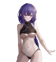 Rule 34 | 1girl, absurdres, bare arms, bare shoulders, black panties, black shirt, breasts, commentary, cowboy shot, crop top, fakey, genshin impact, highres, large breasts, long braid, long hair, nail polish, panties, purple eyes, purple hair, purple nails, raiden shogun, revision, shirt, simple background, sleeveless, sleeveless shirt, solo, standing, thighs, underboob, underwear, very long hair, white background
