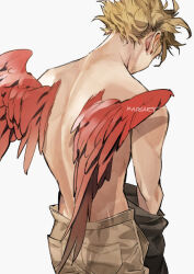 Rule 34 | 1boy, artist name, back, blonde hair, boku no hero academia, brown pants, commentary request, earrings, facial hair, facing away, feathered wings, from behind, hawks (boku no hero academia), jewelry, kadeart, male focus, pants, red wings, short hair, shoulder blades, signature, simple background, solo, stubble, thai commentary, topless male, white background, wings