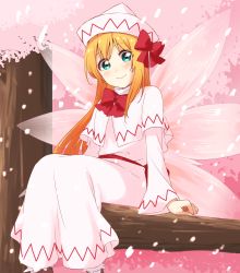 Rule 34 | 1girl, absurdres, arms at sides, blonde hair, blue eyes, blush, bow, bowtie, branch, capelet, cherry blossoms, closed mouth, dress, fairy wings, hair bow, hat, highres, in tree, ksk (semicha keisuke), light particles, lily white, long hair, long sleeves, looking at viewer, outdoors, pink dress, pink hat, red bow, red bowtie, sitting, sketch, smile, solo, straight hair, tareme, touhou, transparent wings, tree, very long hair, wings